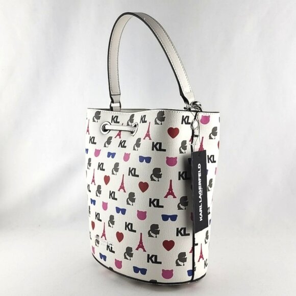 Karl Lagerfeld Paris Crossbody Bucket Bag White Pink - Picture 3 of 16